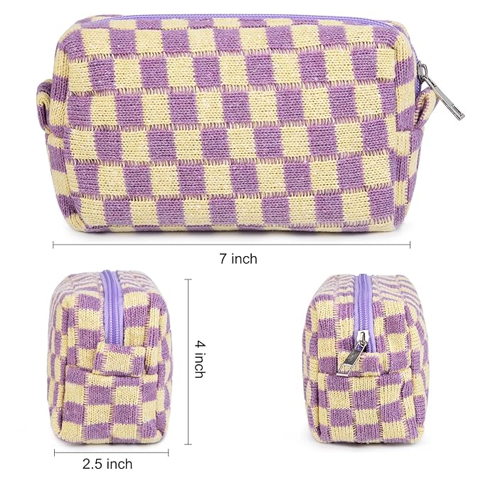 2 Pieces Makeup Bag Checkered Cosmetic Bag Purple Blue Makeup Pouch Travel Toiletry Bag Organizer Cute Makeup Brushes Storage Bag for Women