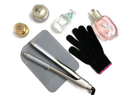 Flat Iron Travel Mat, Curling Iron Counter Protector with Heat Resistant Glove for Curling Irons, Hair Straightener, Flat Irons and Hair Styling Tools, 9” x 6.5”, Gray by Lessmon