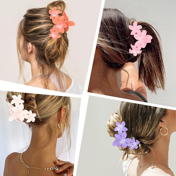 ANBALA 4PCS Flower Claw Hair Clips, Large Plumeria Hair Accessories for Women and Girls - Colorful Hawaiian Non-Slip Strong Hold Clips for Thick Hair
