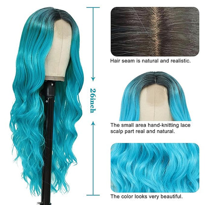 NAYOO Long Ombre Bluish Green Wavy Wig for Women 26 Inch Middle Part Curly Wavy Wig Natural Looking Synthetic Heat Resistant Fiber for Daily Party Use (Ombre Bluish Green)