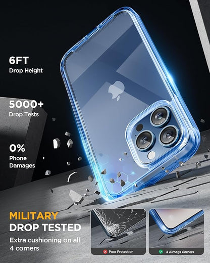 Miracase Glass Series for iPhone 15 Pro Max Case 6.7 Inch, Full-Body Drop Proof Phone Case for iPhone 15 Pro Max with Built-in 9H Tempered Glass Screen Protector + Camera Protector, Clear Blue