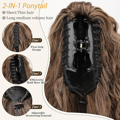 ORSUNCER Ponytail Extension Claw 30" Curly Pony Tail Clip in Claw Hair Extensions Fluffy Natural Looking Synthetic Hairpiece for Women Omber Brown