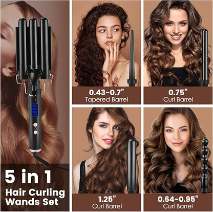 Bo'laiya 5 in 1 Curling Wand Set with Temperature Display, Curling Iron Set with 5 Interchangeable Ceramic Curling Wands, Instant Heat Up, Suitable for All Hair Types (Black)