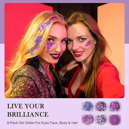 Glitter Body Face Hair Makeup Festival Gel, 6 Shapes Clear Purple Rave Glitter Face Pain Glitter Eyeshadow for Kids Women Girls Singer Concerts Festival Rave Accessories