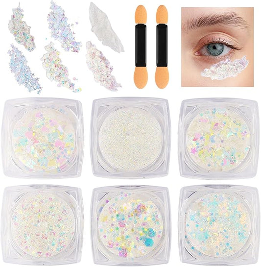 Glitter Body Face Hair Makeup Festival Gel, 6 Shapes Clear White Rave Glitter Face Pain Glitter Eyeshadow for Kids Women Girls Singer Concerts Festival Rave Accessories
