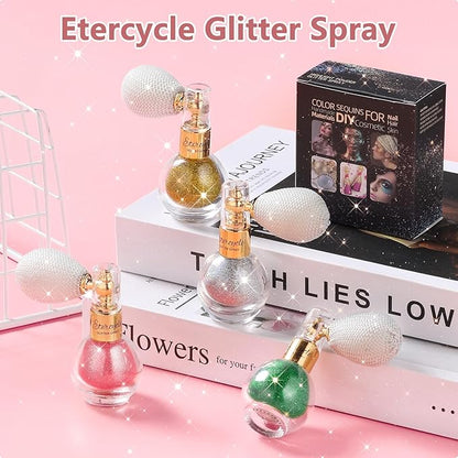 Etercycle Hair Glitter Spray, Gold Body Glitter Spray Fine Face Shimmer Powder, Cosmetic Shimmer Makeup Glitter Highlighter Powder Hairspray for Y2K Accessories, Party, Stage Shows, Nightclubs, Bar