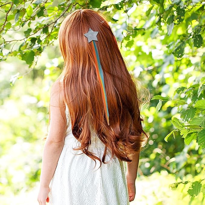 6 Set Rainbow Colored Straight Hair Clips with Unicorn Accessories - Thick Wig Bangs and Ponytail Extensions for Girls