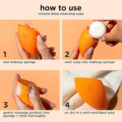 Real Techniques Miracle Blend + Cleanse 3 Piece Set, Makeup Sponge For Blending Foundation & Solid Soap For Deep Cleaning Sponges, Includes Travel Storage Tote, Cruelty-Free, & Latex-Free