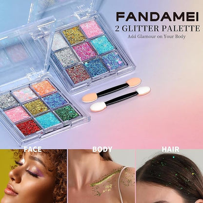 FANDAMEI Face Glitter, 2 Gel Palette 18 Grids, Body Hair Glitter for Kids Women for Makeup, Halloween Rave Concert Face Paint Glitter