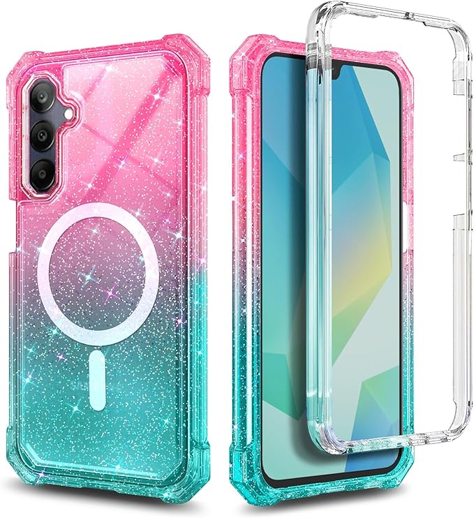 Designed for Samsung Galaxy A36-5G Phone Case, Magnetic Compatible with MagSafe, [Raised Corners Drop Protection] Shockproof Protective Bumper Cover (Glitter Pink/Aqua)