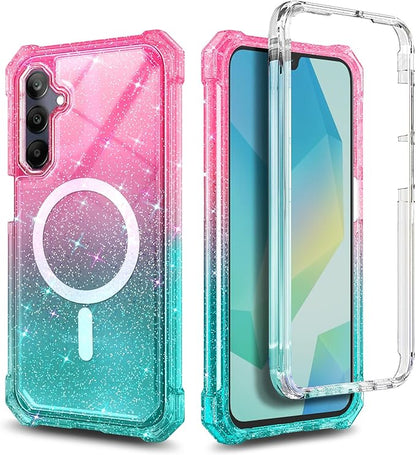 Designed for Samsung Galaxy A36-5G Phone Case, Magnetic Compatible with MagSafe, [Raised Corners Drop Protection] Shockproof Protective Bumper Cover (Glitter Pink/Aqua)