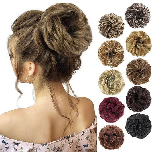 MORICA 1PCS Messy Hair Bun Hair Scrunchies Extension Curly Wavy Messy Bun Hair Synthetic Chignon Hairpieces for Women(Ash Blonde & Lightest Blonde)
