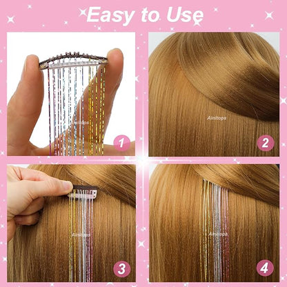 12Pcs Hair Tinsel Clip in Glitter Tinsel Hair Extensions 19.6Inch Clip in Hair Tinsel Kit Heat Resistant Shiny Sparkly Fairy Hair Accessories for Women Girls Kids (Red)