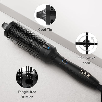 K&K Thermal Brush, 1.5 Inch Heated Round Brush, Professional Heated Curling Ceramic Tourmaline Ionic Curling Iron, Hot Styling Volumizing Tool, Dual Voltage Black
