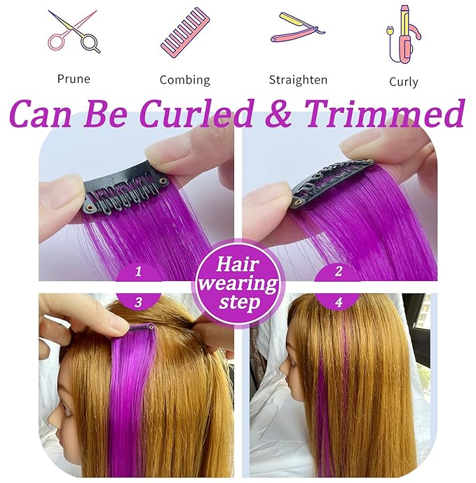 20 Inch Colored Party Highlights Straight Clip in Hair Extensions,Heat-Resistant Synthetic Hair Extensions Multicolors 12 PCS (Pink Purple Lavender Blue)