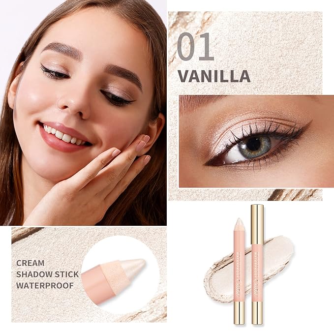 Oulac Glitter Eye Shadow Pencil - Waterproof Eye Shadow Stick Smooth and Long Lasting, Shimmering Glitter Finish, Blendable Eyes Makeup, Vegan Beauty 3.8g, (01) Vanilla
