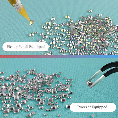 3440pcs 6 Sizes Transparent White and AB Glass Crystal Kit with Pickup Pen + Tweezer Tools for Iridescent Shine Nail Art Manicure Makeup DIY Deco Flatback Round Bead Rhinestone Gem Jewelry Diamond