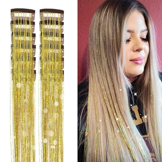 12Pcs Hair Tinsel Clip in Glitter Tinsel Hair Extensions 19.6Inch Clip in Hair Tinsel Kit Heat Resistant Shiny Sparkly Fairy Hair Accessories for Women Girls Kids (Gold)
