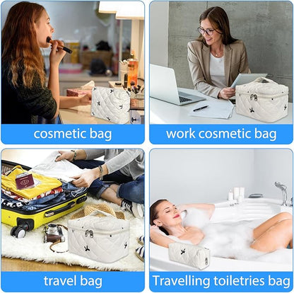 4 Piece Cute Bow Embroidered Quilted Makeup Bag Set, Large Capacity Travel Makeup Bags for Women and Girls, Includes Small, Small-Medium,Medium, and Extra Large aesthetic makeup&Cosmetic Bags