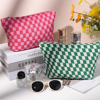 2 Pieces Makeup Bag Large Checkered Cosmetic Bag Capacity Canvas Travel Toiletry Bag Organizer Cute Makeup Brushes Aesthetic Accessories Storage Bag for Women, Checkered L Green Rose red