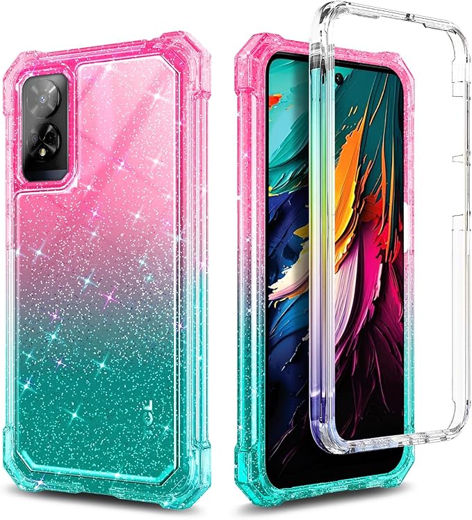 Designed for TCL 50 XE 5G Phone Case, 50 XE NXTPAPER 5G Case with Screen Protector, [Raised Corners Drop Protection] Full-Body Protective Shockproof Rugged Bumper Cover (Glitter Pink/Aqua)