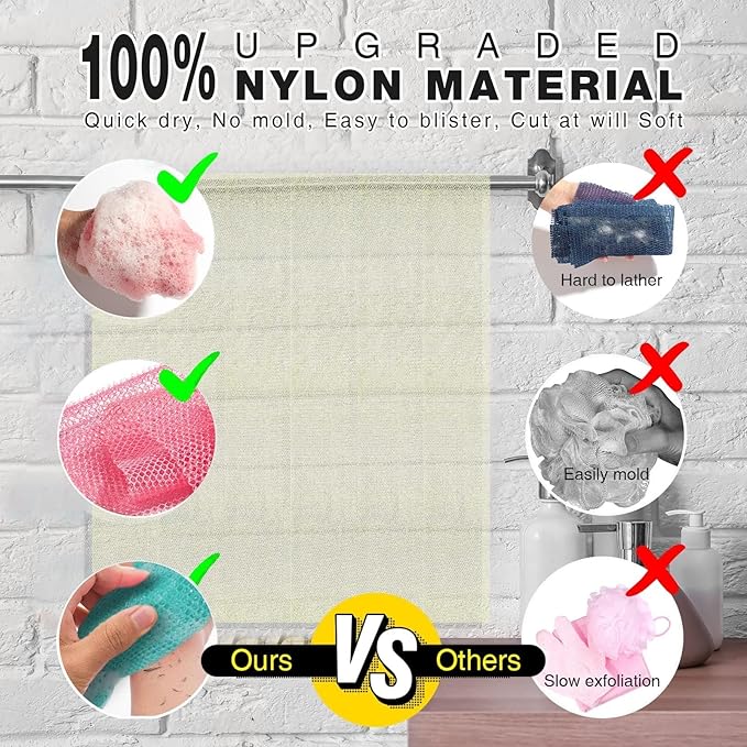 3 Pieces African Net Sponge, African exfoliating net African Net Long Net Bath Sponge Exfoliating Shower Body Scrubber Back Scrubber Skin Smoother（Pink, Green, Off-White）
