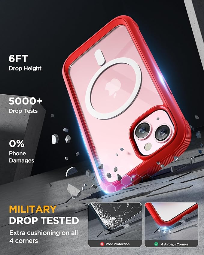 Miracase Glass Series for iPhone 15 Case [Compatible with MagSafe] Full-Body Magnetic Bumper Case with Built-in 9H Tempered Glass Anti-Fingerprint Screen Protector + Camera Lens Protector, Red