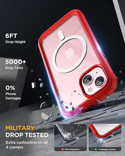 Miracase Glass Series for iPhone 15 Case [Compatible with MagSafe] Full-Body Magnetic Bumper Case with Built-in 9H Tempered Glass Anti-Fingerprint Screen Protector + Camera Lens Protector, Red