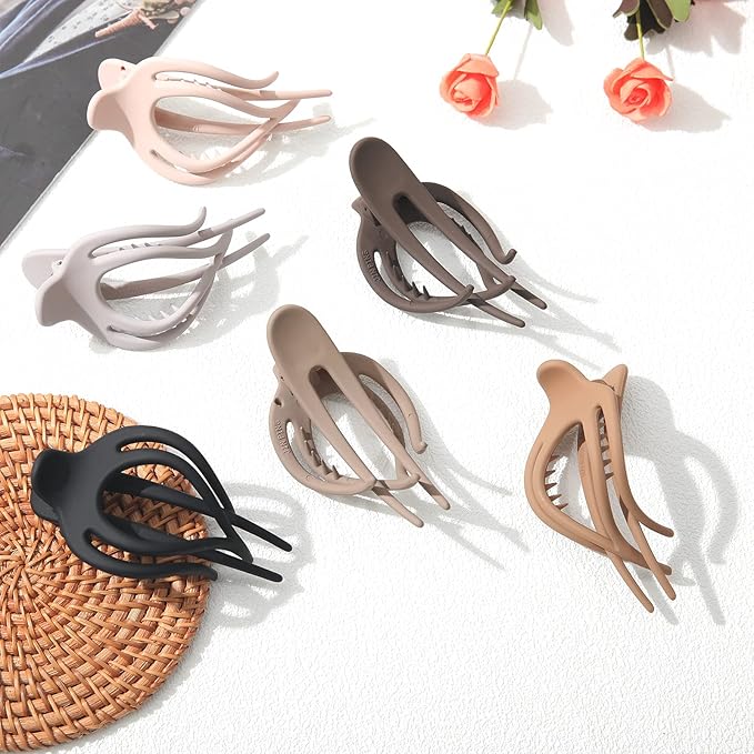French Concord Hair Clips Claw - 6Pcs Side Slid Flat Hair Clips for Volume Strong Hold No Slip Grip Hair Claw Clips for Women Girls Thick Thin Hair (Matte Curved(Medium,4 inches))