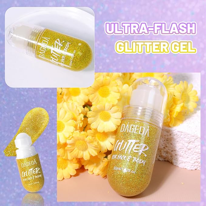DAGEDA Body Glitter Gel, Roll-on Face Glitter for Mermaid Makeup Festival Rave Accessories, Holographic Hair Glitter Gel,Body Shimmer Halloween Makeup for Rave Party(Laser Gold)