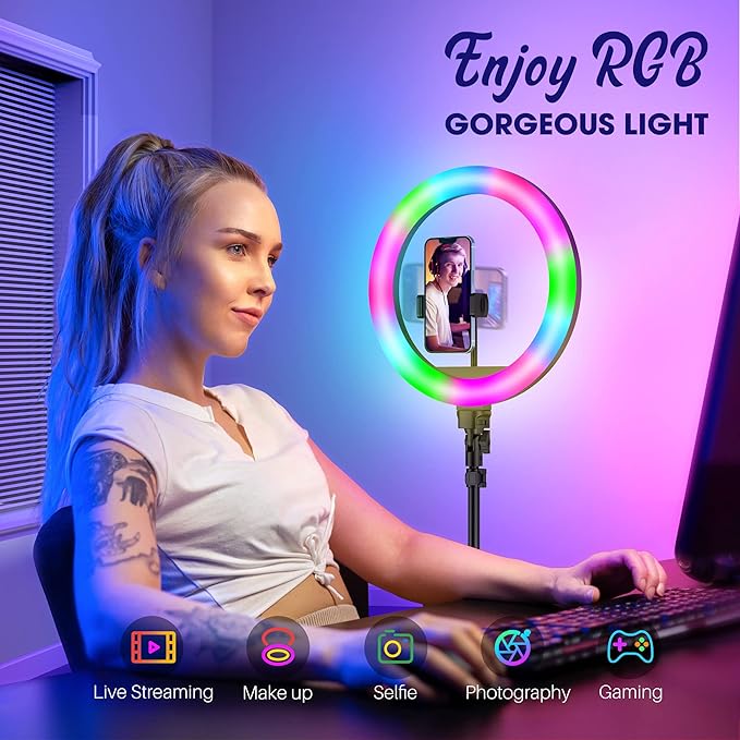 TODI 12" RGB Ring Light with 63" Tripod Stand, 3 CCT Mode and 39 Color Mode Selfie RingLight with Stand, 2-in-1 LED Ring Light with Selfie Remote, for Makeup, Live Stream