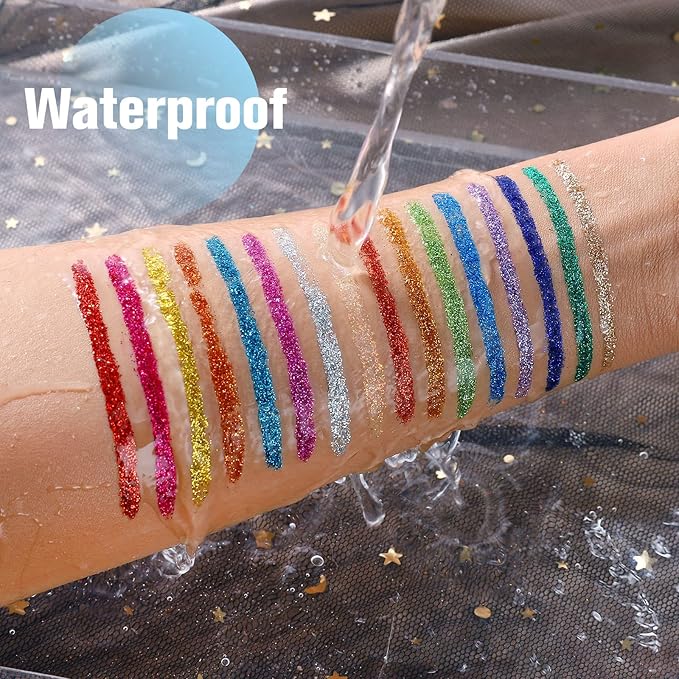 16 Colors Glitter Metallic Liquid Eyeliner Set Waterproof Long Lasting Eye Liner pencil Pigmented Shimmer Eye Makeup Gift Kit for Women Green Purple Blue Pink white Silver Gold Colored Eyeliners