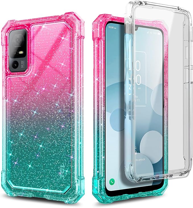 NZND Designed for TCL 40 XE 5G Case, TCL 40 X 5G with [Built-in Screen Protector], Full-Body Protective Shockproof Rugged Bumper Cover, Impact Resist Case (Glitter Pink/Aqua)