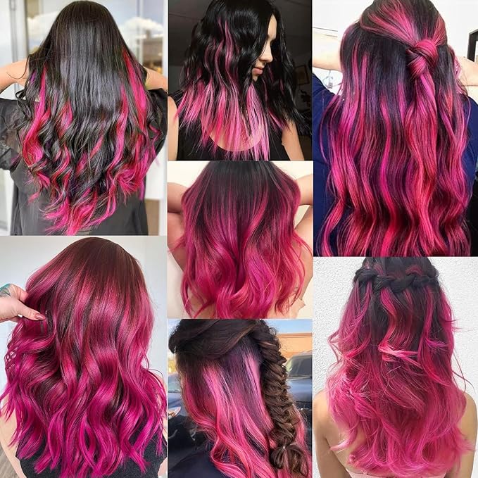 16 Pcs Colored Hair Extensions Curly Wavy Clip in Synthetic Hairpiece Streak for Girls Women Kids, Multi-colors Party Highlights Cosplay Festival Favor Gift(Hot Pink)