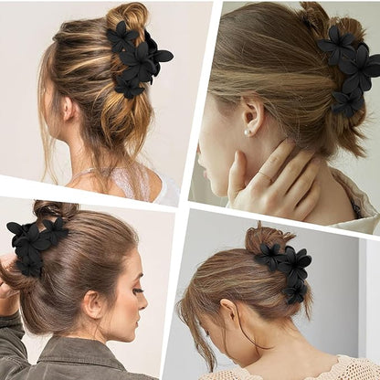 4PCS Matte Flower Hair Clips - Non-Slip Large Plumeria Clips for Thick Hair, Strong Hold for Women and Girls (Black)