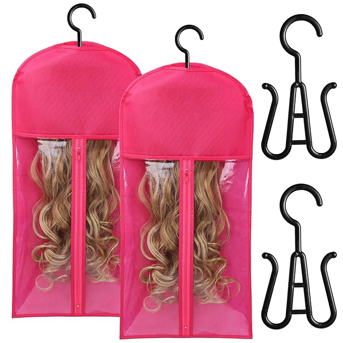 2PCS Wig Bags - Portable Holder for Multiple Wigs & Extensions - Hot Pink
