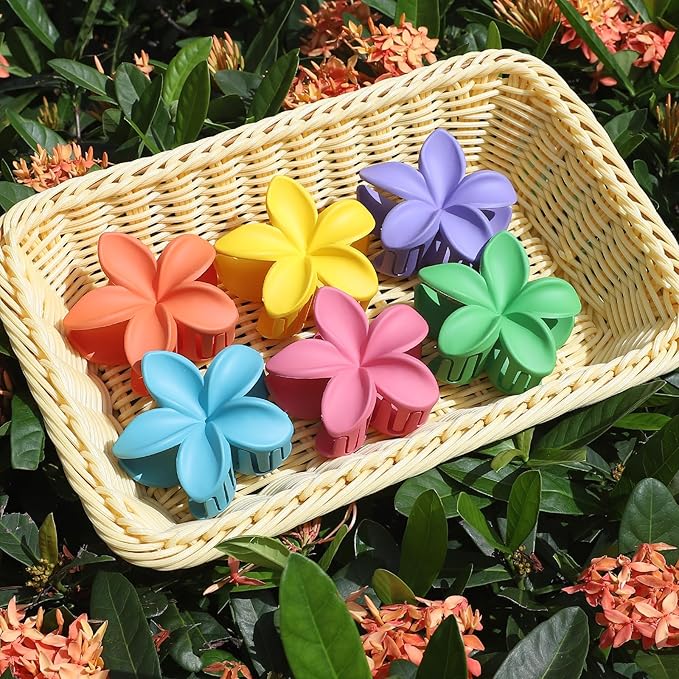 Hawaiian Plumeria Hair Accessories - 6 Pack Large Claw Clips for Thick and Thin Hair, Beach Tropical Hair Clips for Women and Girls -Dopamine