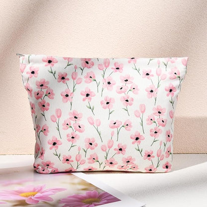 2 Pieces Flower Makeup Bag Large Floral Cosmetic Bag Capacity Canvas Mix Travel Toiletry Bag Organizer Cute Makeup Brushes Aesthetic Accessories Storage Bag for Women, Flower Mix Pink