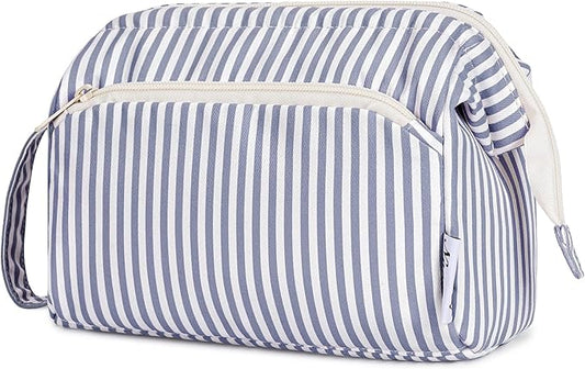 Narwey Striped Wide Open Makeup Bag Women, Travel Toiletry Bag for Women Cosmetic Bag Organizer Make up Bags with Compartments, Gift for Teen Girls (Greyish Blue Stripe)
