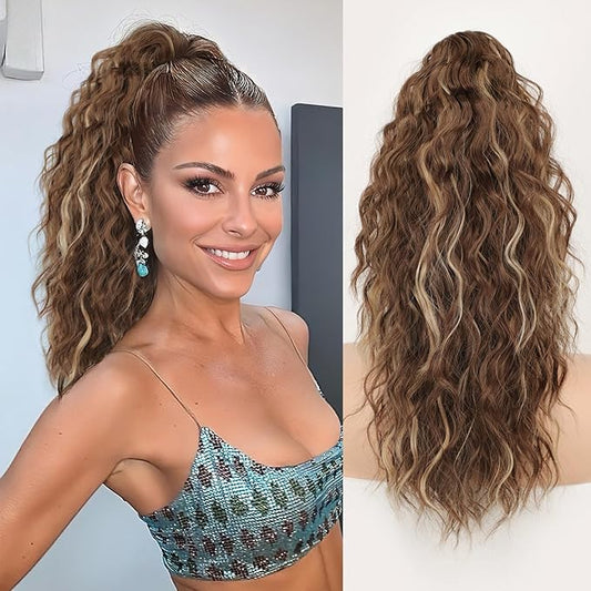 ORSUNCER Ponytail Extension Claw 18" Curly Pony Tail Clip in Claw Hair Extensions Fluffy Natural Looking Synthetic Hairpiece for Women Blonde Highlight