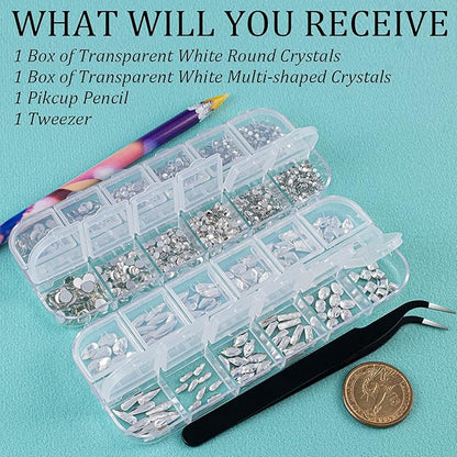Multi Shapes Transparent White 3D Glass Crystal Nail Art Rhinestones Kit with Flatback Round Bead Charm Gem Stone Jewelry Diamond with Pickup Pen + Tweezer for Manicure Makeup DIY Craft Decoration