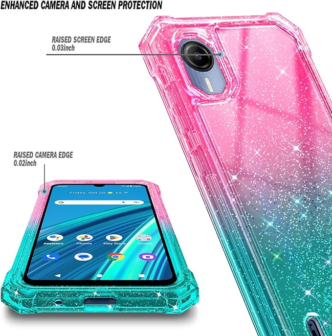 Designed for Cricket Debut S2, AT&T Calypso 4 Case with [Built-in Screen Protector] [6FT Military Grade Drop Tested] Full-Body Protective Shockproof Bumper Case (Glitter Pink/Aqua)