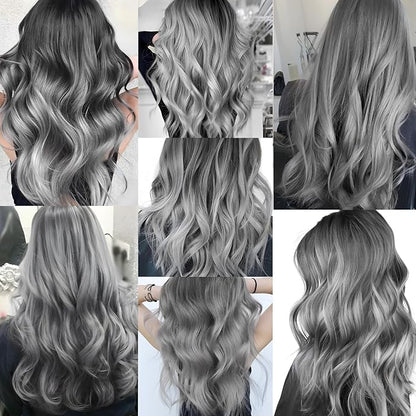 10 PCS Grey Hair Extensions, Curly Wavy Synthetic Hairpieces Clip in Rainbow Neon Party Highlights, Colorful Hair Accessories for Girls Women 17 inch (Grey)