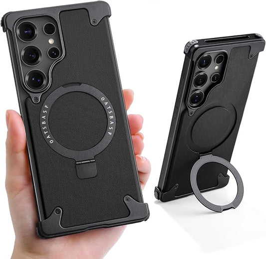 S25 Ultra Case Leather Magnetic with Ring Kickstand, Frameless for Samsung Galaxy S25 Ultra Case for Magsafe, Slim Drop-Proof Protective S25Ultra Cover for Men Women 6.86 Inch, Black