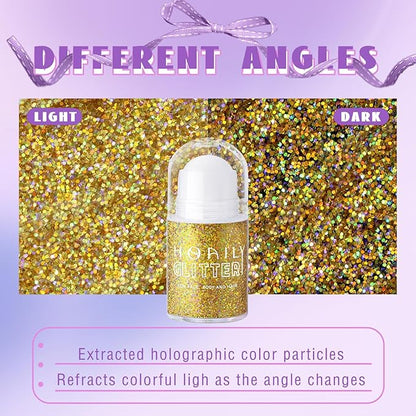 Roll-on Holographic Body Glitter Gel for Face Hair, Chameleon Color Changing Glitter Gel Under Light, Chunky Mermaid Sequins Festival Party Rave Accessories Shimmer Makeup (18# Gold)
