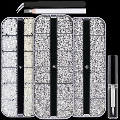 Nail Art Rhinestones Kit with Flatback Crystal (Clear + Clear) Gems, (White & Beige) Half Pearls with Dotting Tools, Nail Rhinestones Jewels for Manicure Makeup