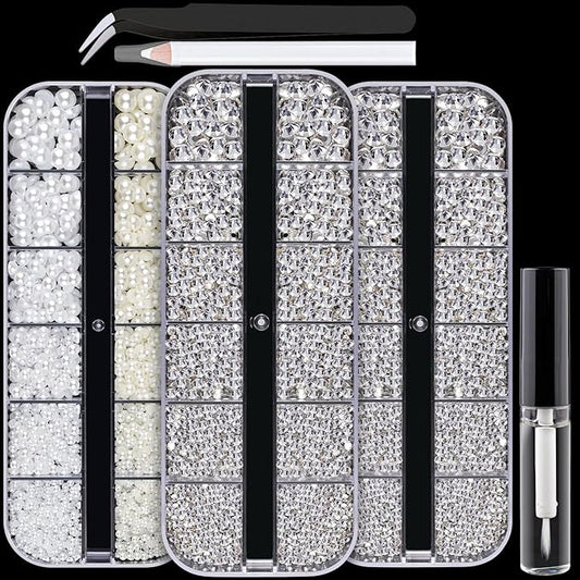 Nail Art Rhinestones Kit with Flatback Crystal (Clear + Clear) Gems, (White & Beige) Half Pearls with Dotting Tools, Nail Rhinestones Jewels for Manicure Makeup