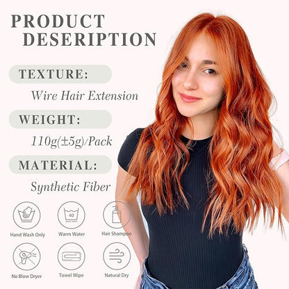 MORICA Invisible Wire Hair Extensions - Copper Red Halo Hair Extensions 20 Inch Long Wavy Synthetic Hairpiece with Transparent Wire, 4 Secure Clips