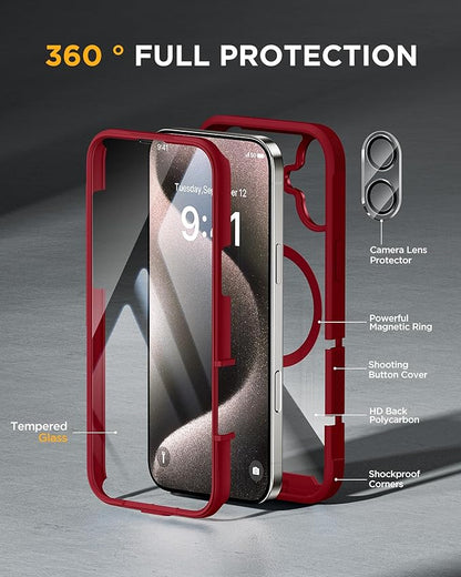 Miracase for iPhone 16 Case 6.1'', [Bubble Free] Full-Body Bumper Phone case with Built-in Full Glass Screen &Lens Protector,No Gap,Compatible with MagSafe,Drop Proof 16 Cover,Plum