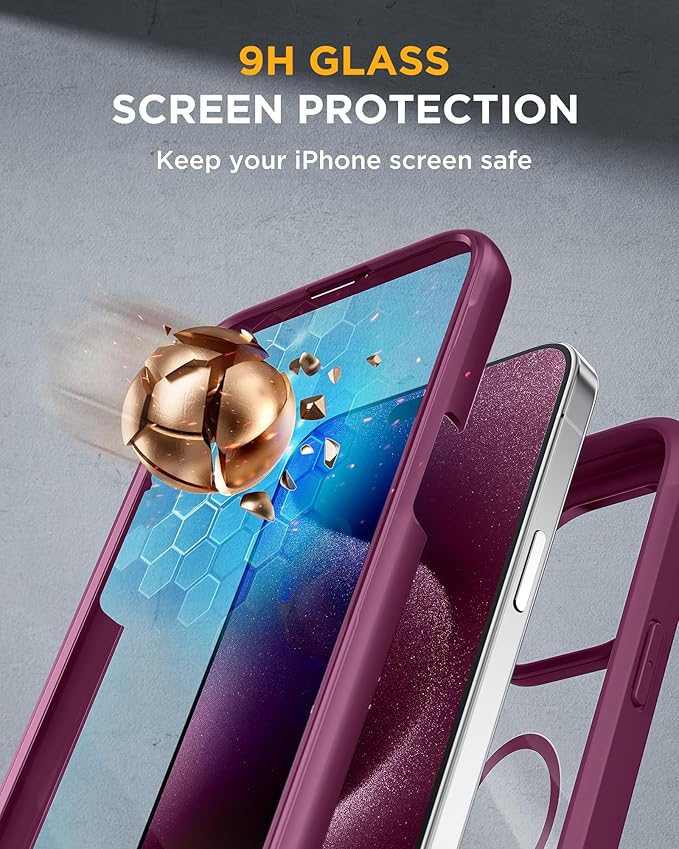 Miracase Magnetic for iPhone 12 Pro Max Case [Compatible with MagSafe] Full-Body Phone case with Built-in Glass Screen Protector& Camera Protector, Military Drop Proof 12 Pro Max Cover, Wine Red